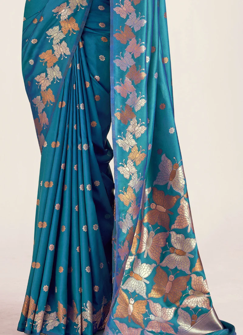 Amazing Banarasi Silk Zari Weaving Blue Wedding Saree With Blouse - Image 4