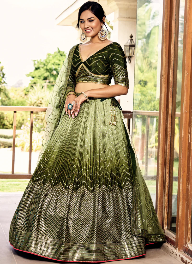 Amazing Embroidered Work Chinon Silk Mehendi Green Lehenga Choli - Image 3