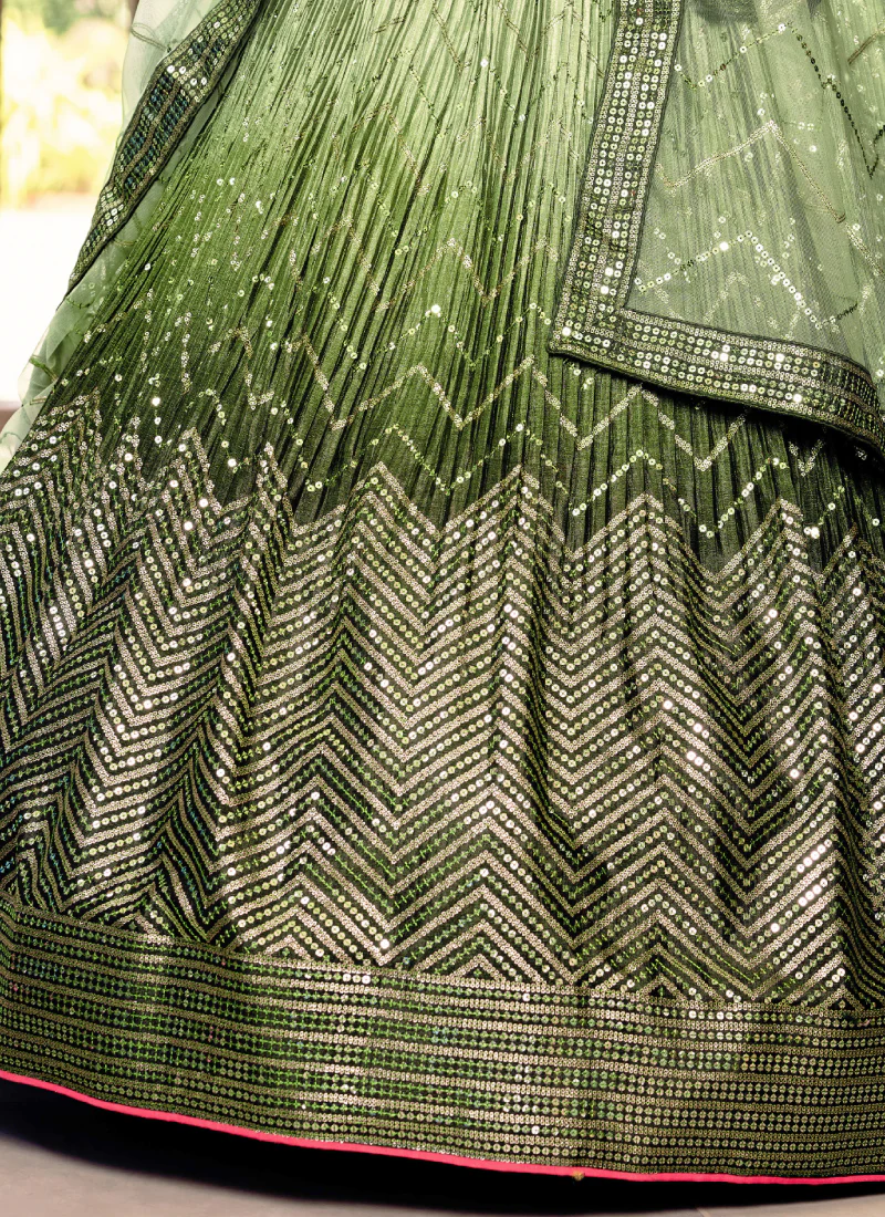 Amazing Embroidered Work Chinon Silk Mehendi Green Lehenga Choli - Image 9