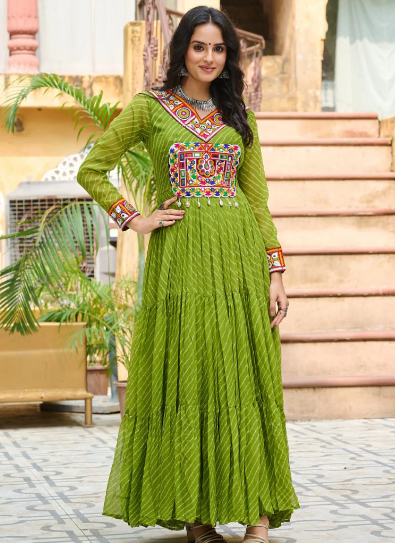 Amazing Parrot Green Georgette Gamthi Work Gown For Navratri Festival - Image 3