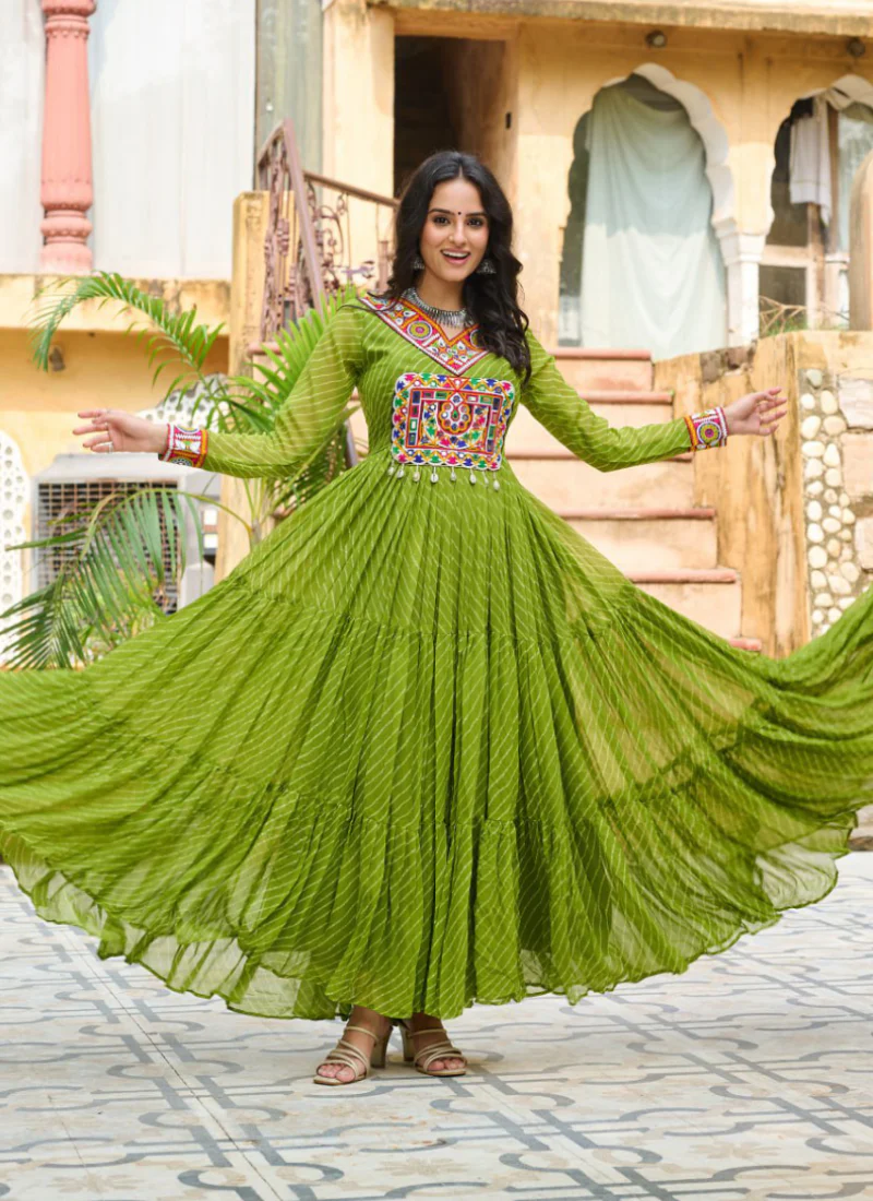 Amazing Parrot Green Georgette Gamthi Work Gown For Navratri Festival - Image 5