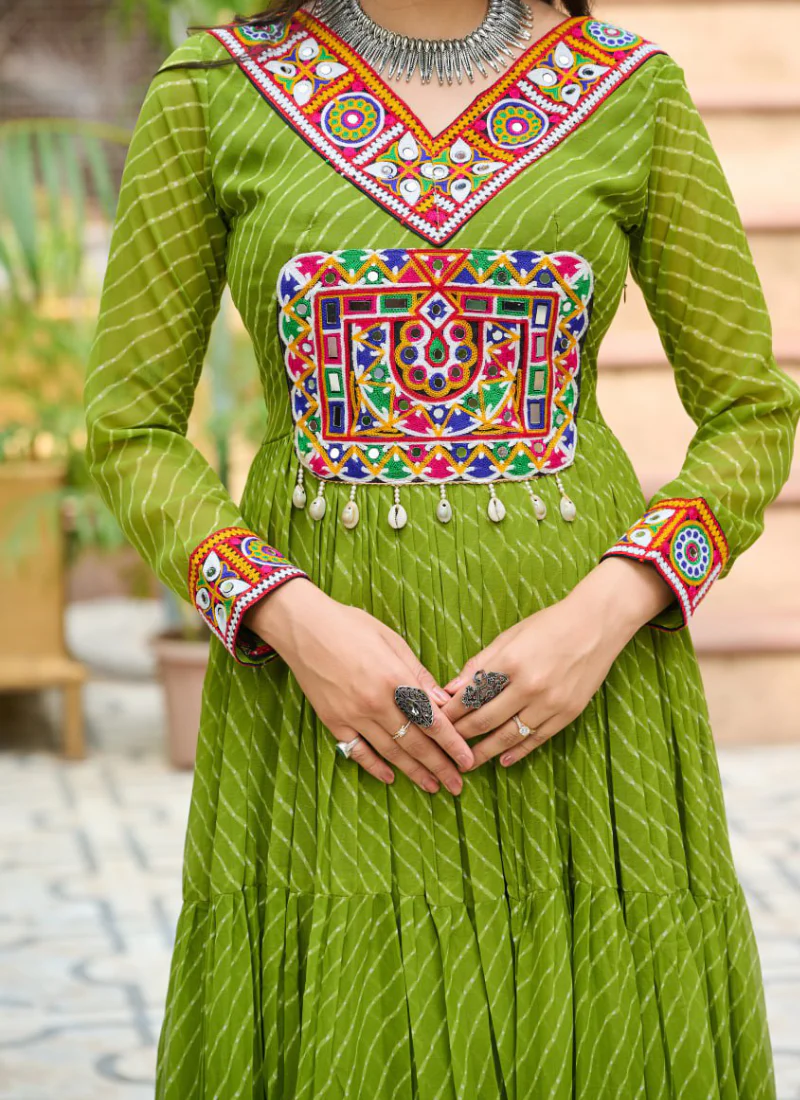 Amazing Parrot Green Georgette Gamthi Work Gown For Navratri Festival - Image 7