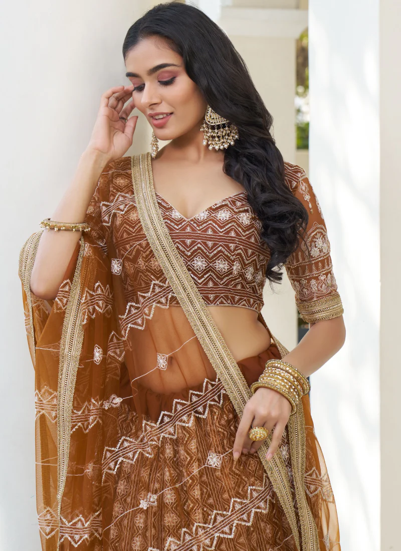 Amazing Sequence Work Net Brown Sangeet Function Lehenga Choli - Image 4