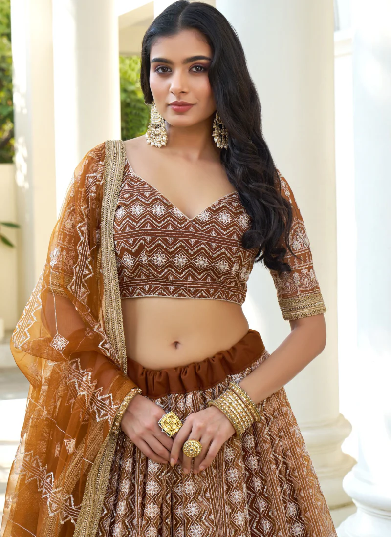 Amazing Sequence Work Net Brown Sangeet Function Lehenga Choli - Image 5