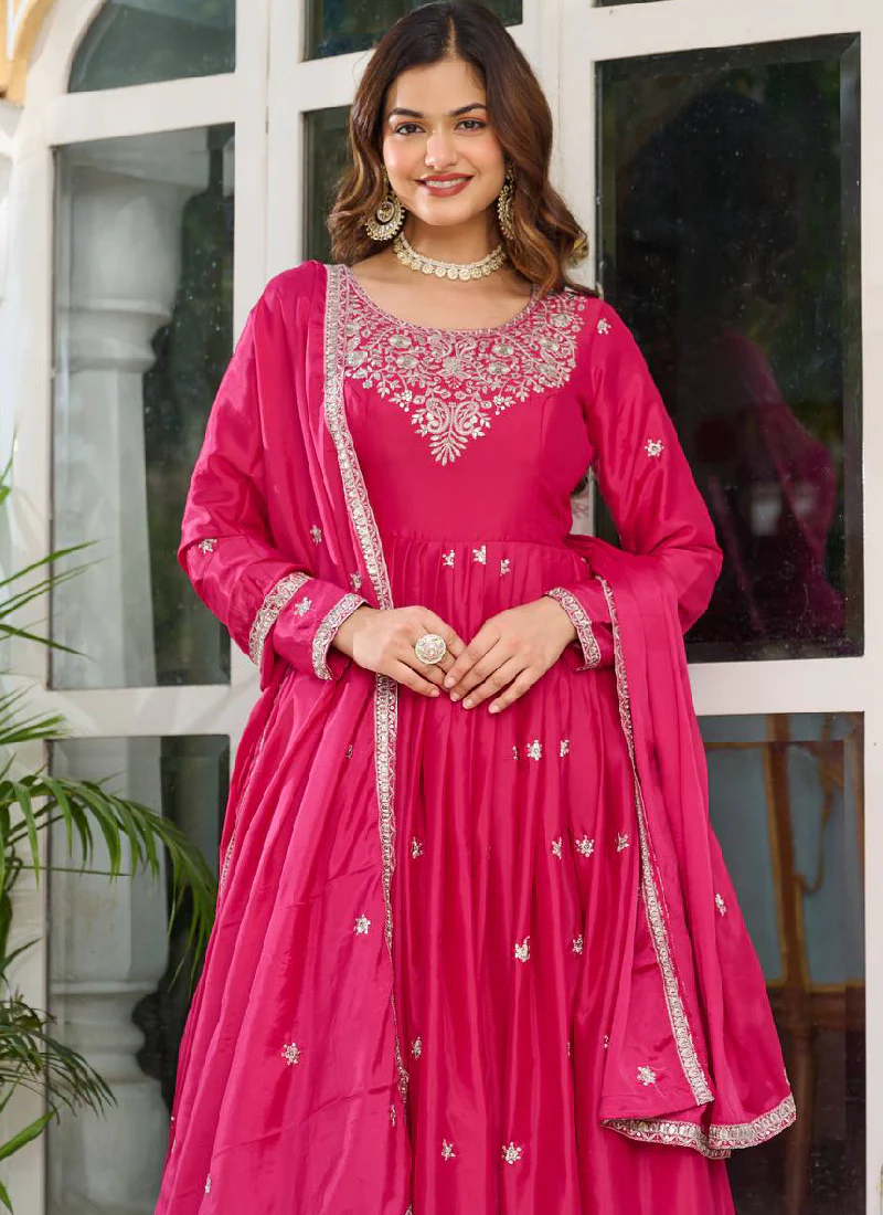 American Silk Pink Zari Embroidered Anarkali Suit Pant With Dupatta - Image 2
