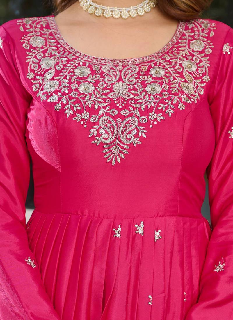 American Silk Pink Zari Embroidered Anarkali Suit Pant With Dupatta - Image 4