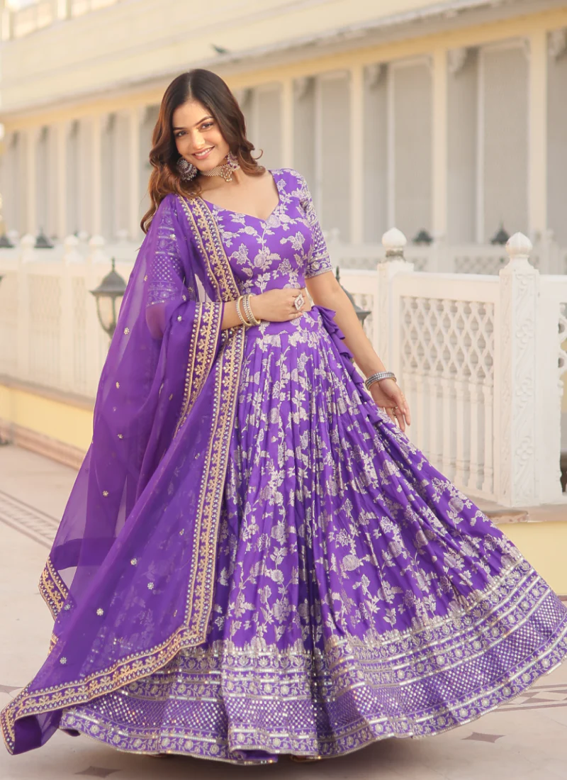Appealing Lavender Sequence Viscose Jacquard Wedding Lehenga Choli - Image 3