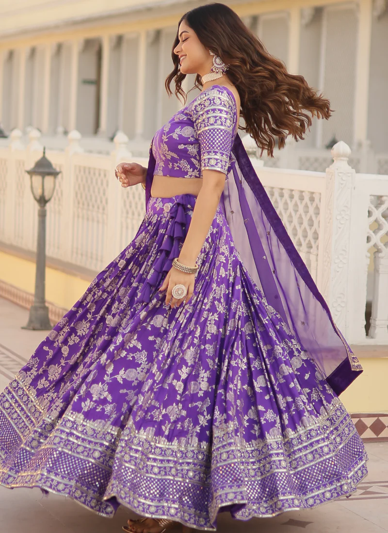 Appealing Lavender Sequence Viscose Jacquard Wedding Lehenga Choli - Image 4