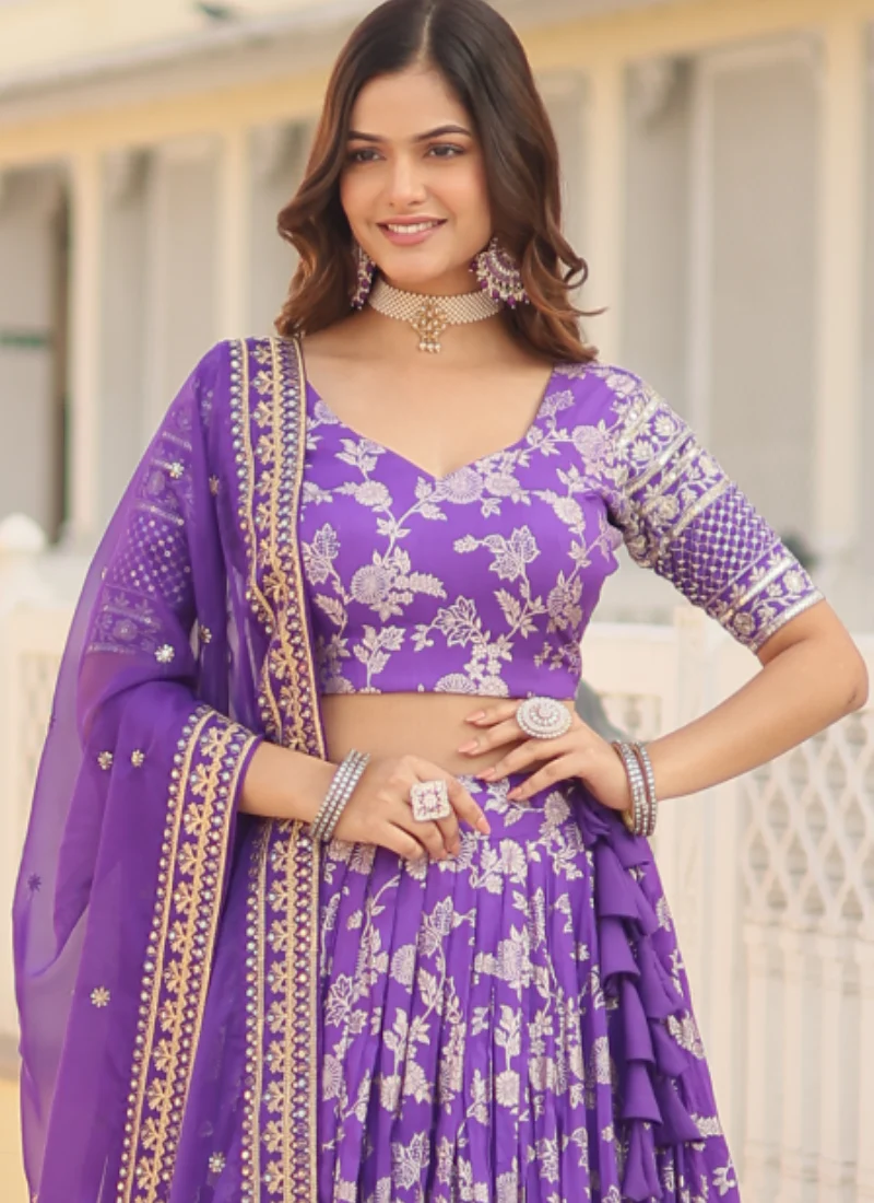 Appealing Lavender Sequence Viscose Jacquard Wedding Lehenga Choli - Image 6