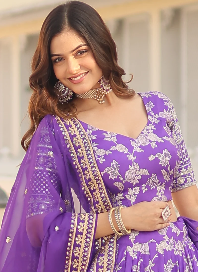 Appealing Lavender Sequence Viscose Jacquard Wedding Lehenga Choli - Image 7