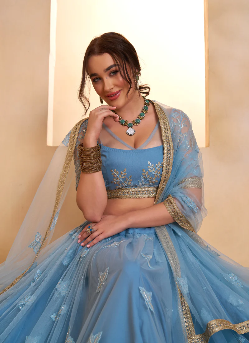 Appealing Mint Blue Thread And Beads Work Net Lehenga Choli For Women - Image 2