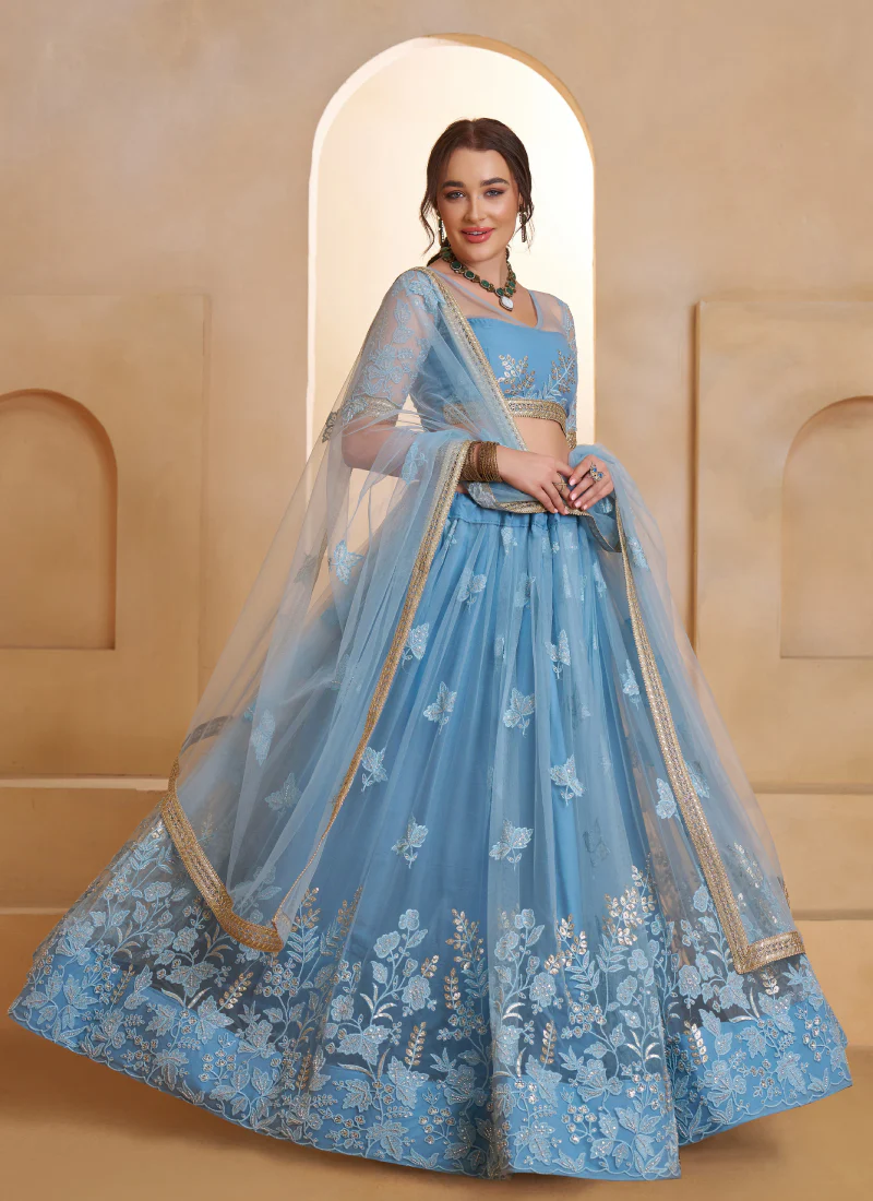 Appealing Mint Blue Thread And Beads Work Net Lehenga Choli For Women - Image 3