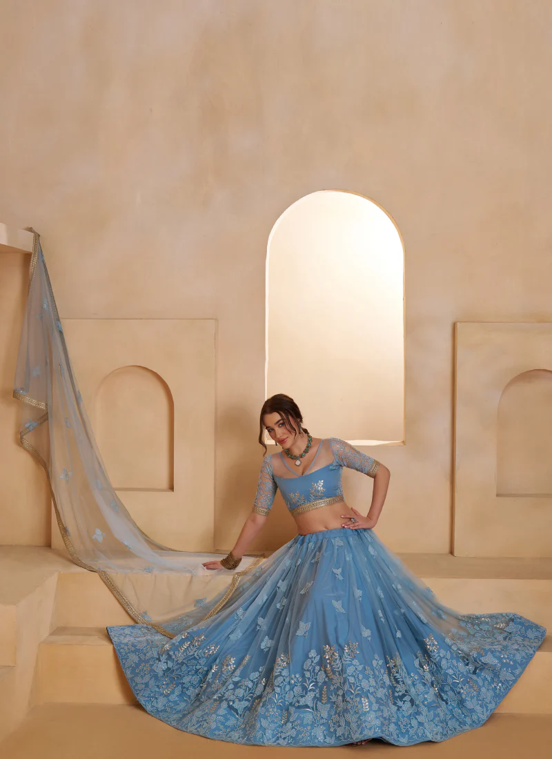 Appealing Mint Blue Thread And Beads Work Net Lehenga Choli For Women - Image 4