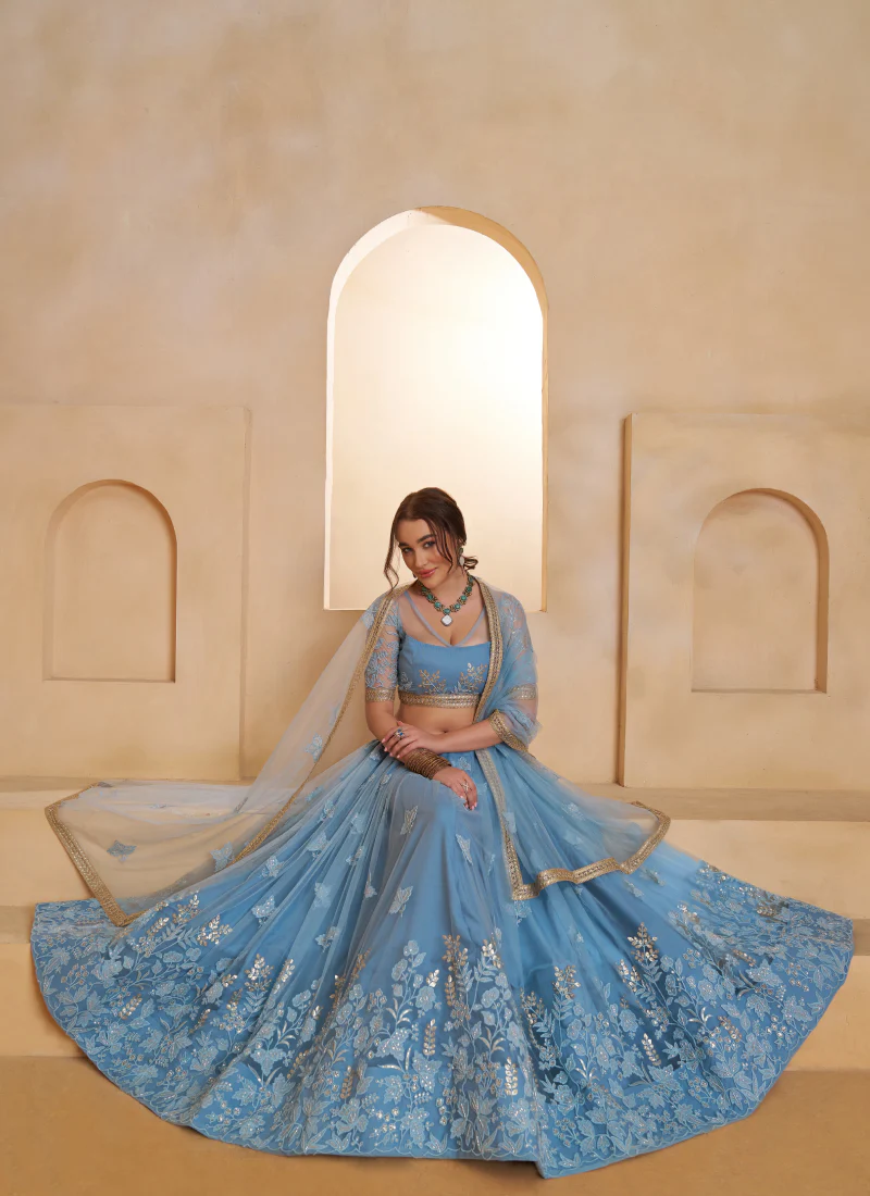 Appealing Mint Blue Thread And Beads Work Net Lehenga Choli For Women - Image 5