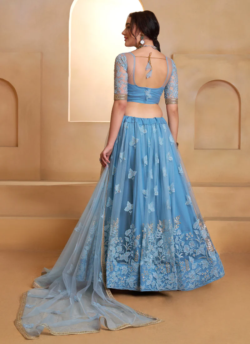 Appealing Mint Blue Thread And Beads Work Net Lehenga Choli For Women - Image 7