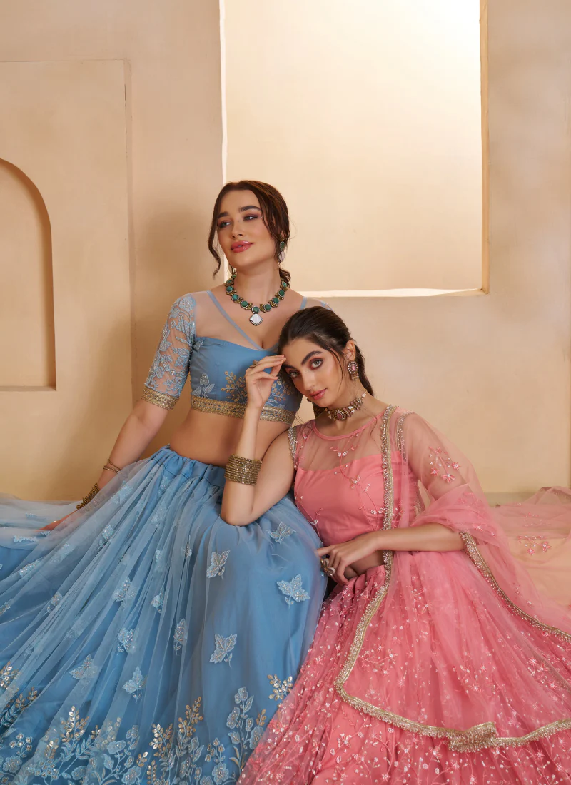 Appealing Mint Blue Thread And Beads Work Net Lehenga Choli For Women - Image 8