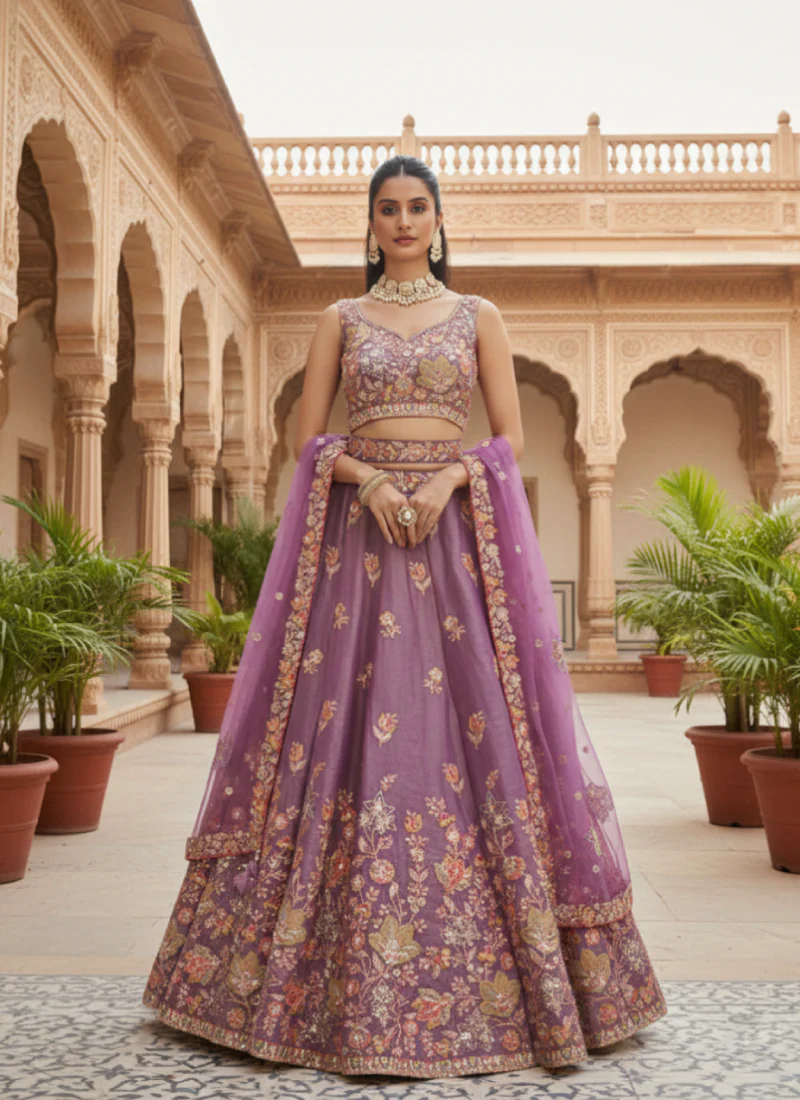 Appealing Sequence Embroidered Lavender Organza Lehenga Choli - Image 5