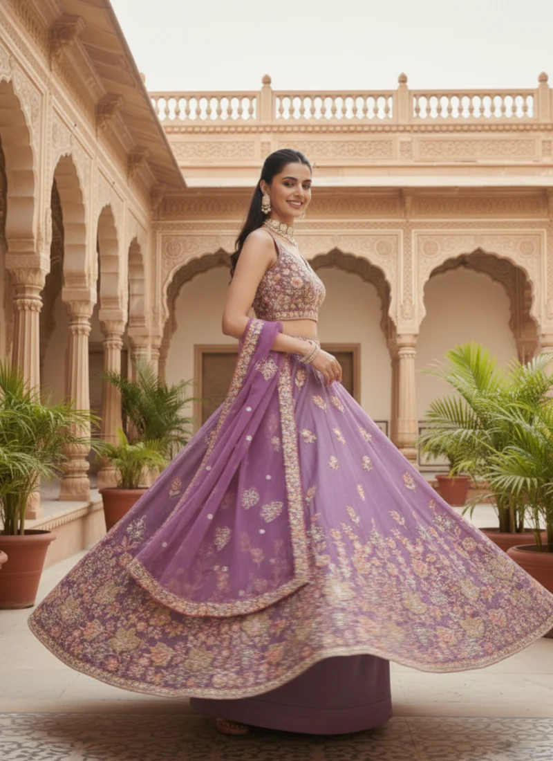 Appealing Sequence Embroidered Lavender Organza Lehenga Choli - Image 6