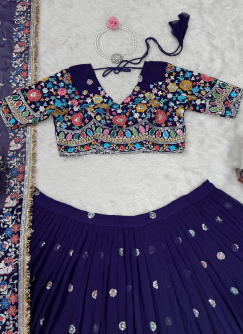 Appetizing Georgette Thread Embroidered Purple Lehenga Choli For Women - Image 3