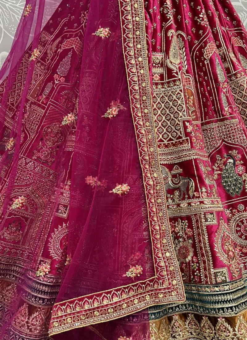 Aristocratic Fancy Embroidered Pink Velvet Bridal Lehenga Choli - Image 3