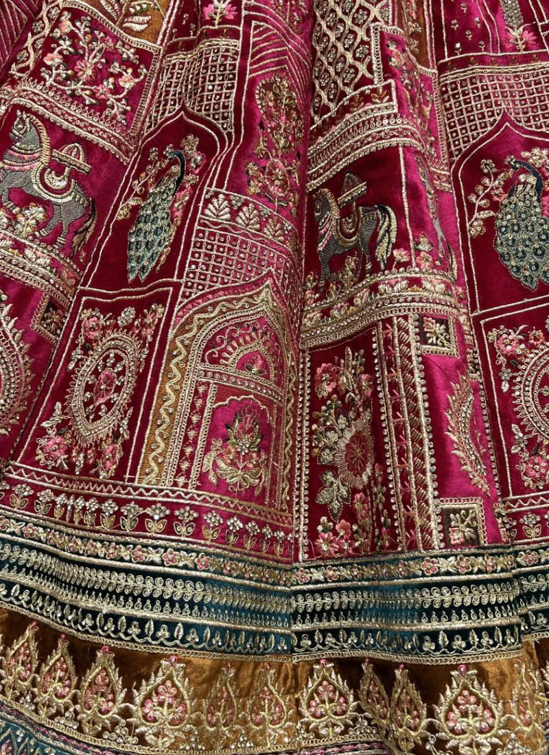Aristocratic Fancy Embroidered Pink Velvet Bridal Lehenga Choli - Image 4