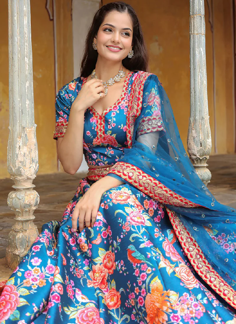 Art Silk Floral Printed Sequence Embroidered Work Blue Lehenga Choli - Image 3
