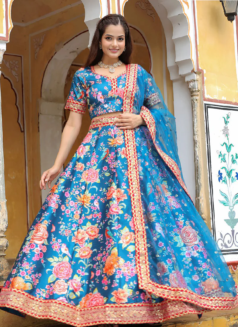 Art Silk Floral Printed Sequence Embroidered Work Blue Lehenga Choli - Image 4
