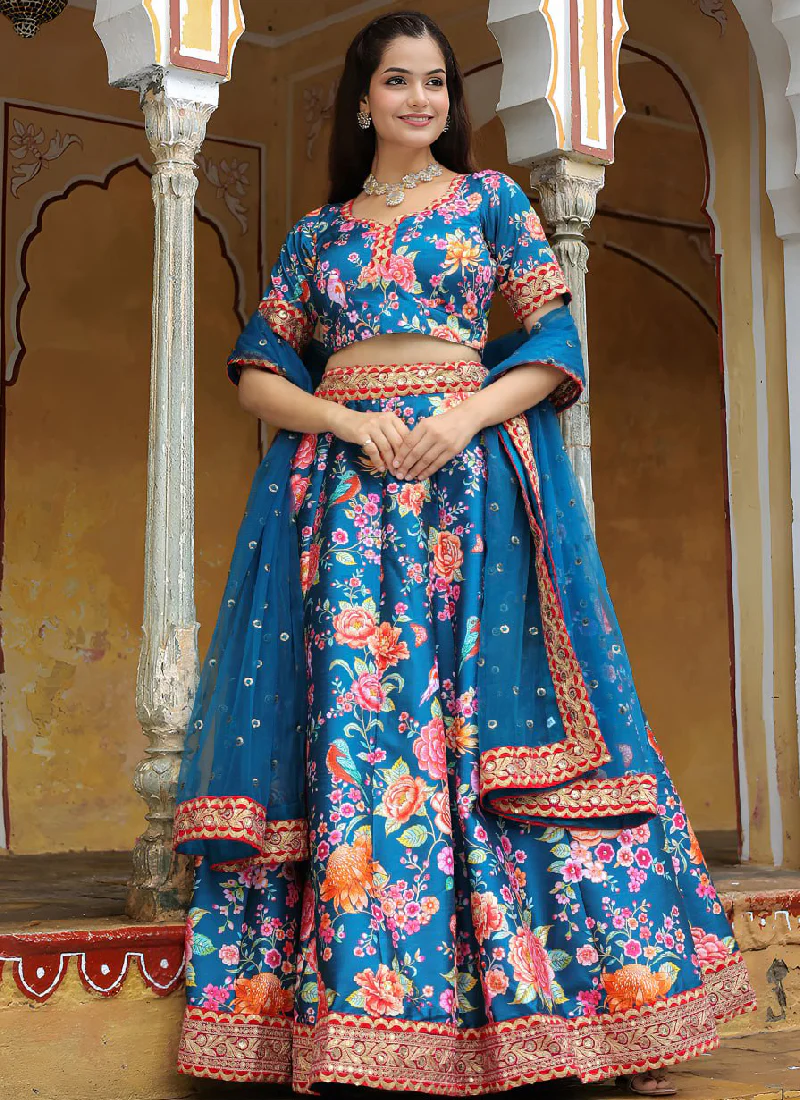 Art Silk Floral Printed Sequence Embroidered Work Blue Lehenga Choli - Image 5
