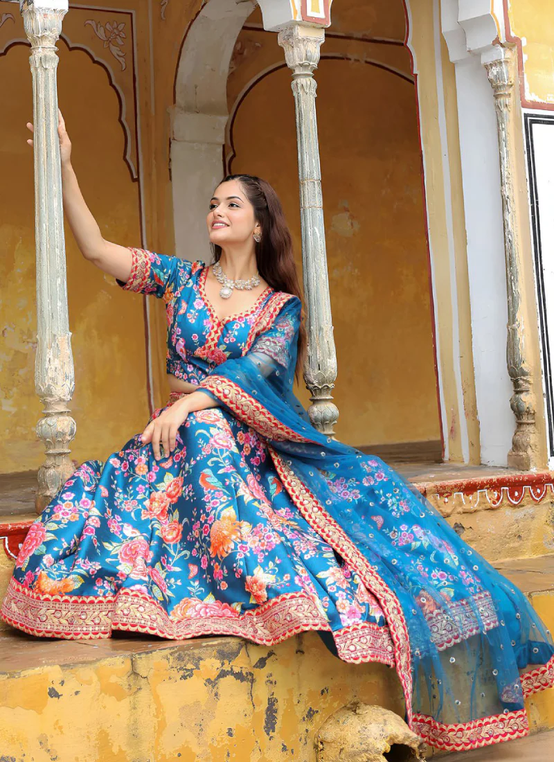 Art Silk Floral Printed Sequence Embroidered Work Blue Lehenga Choli - Image 7