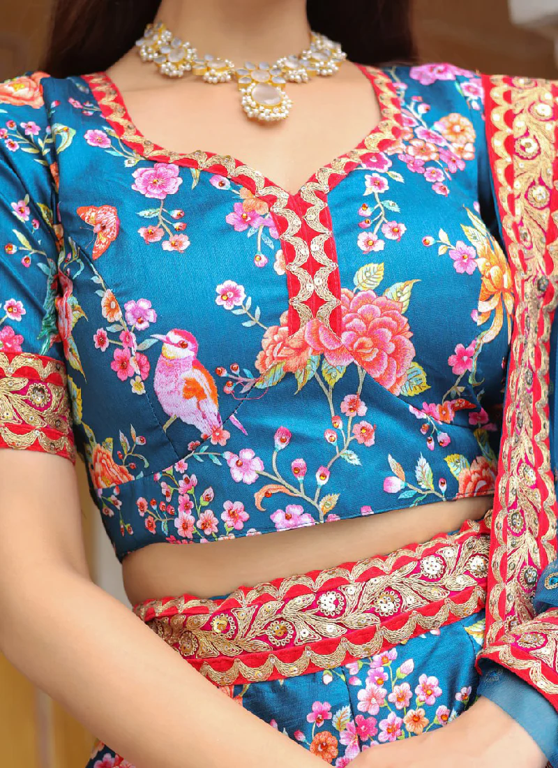 Art Silk Floral Printed Sequence Embroidered Work Blue Lehenga Choli - Image 8
