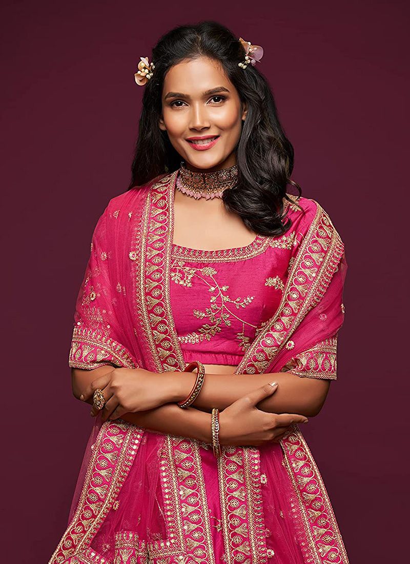 Art Silk Pink Reception Lehenga for Bride - Image 5
