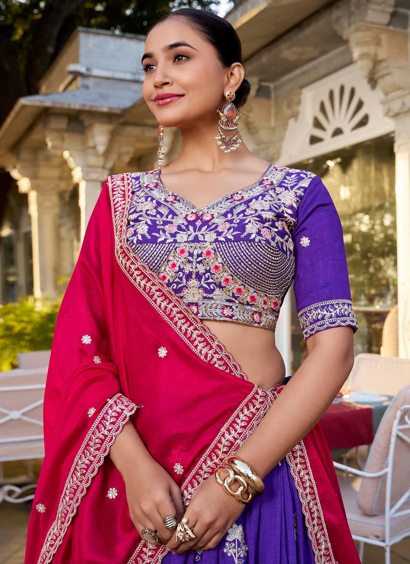 Astonishing Purple Vichitra Silk Thread Embroidered Lehenga Choli - Image 2