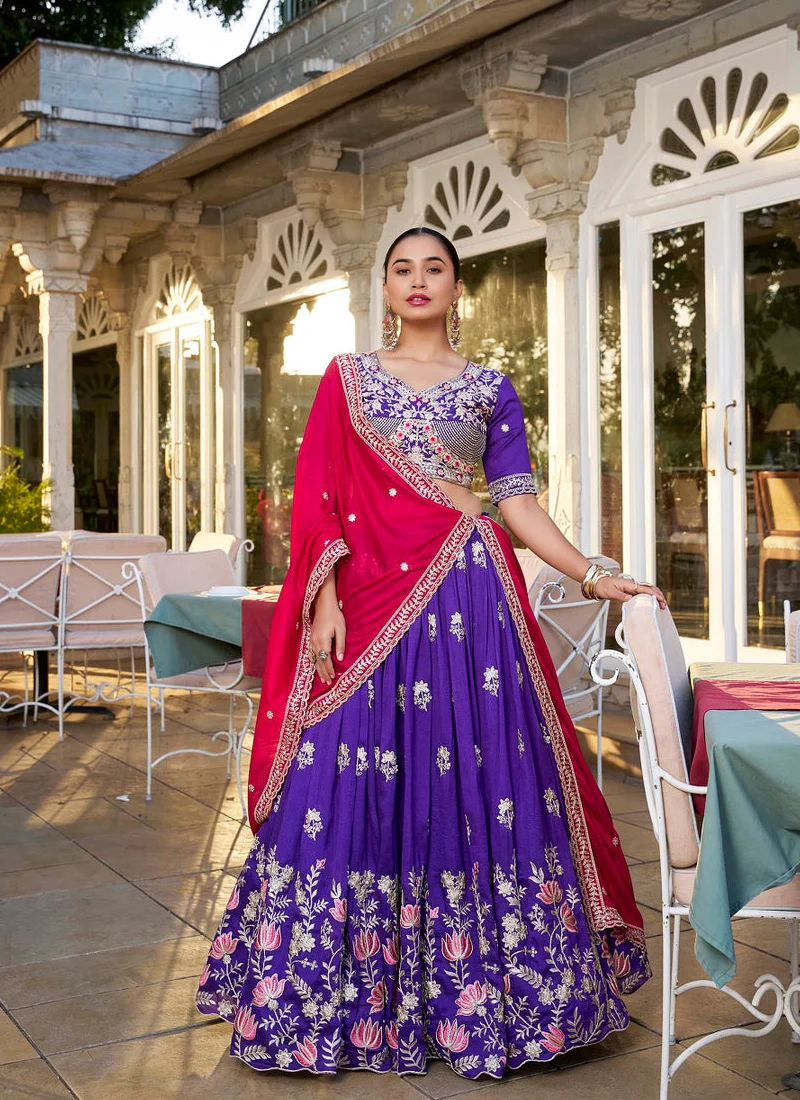 Astonishing Purple Vichitra Silk Thread Embroidered Lehenga Choli - Image 3