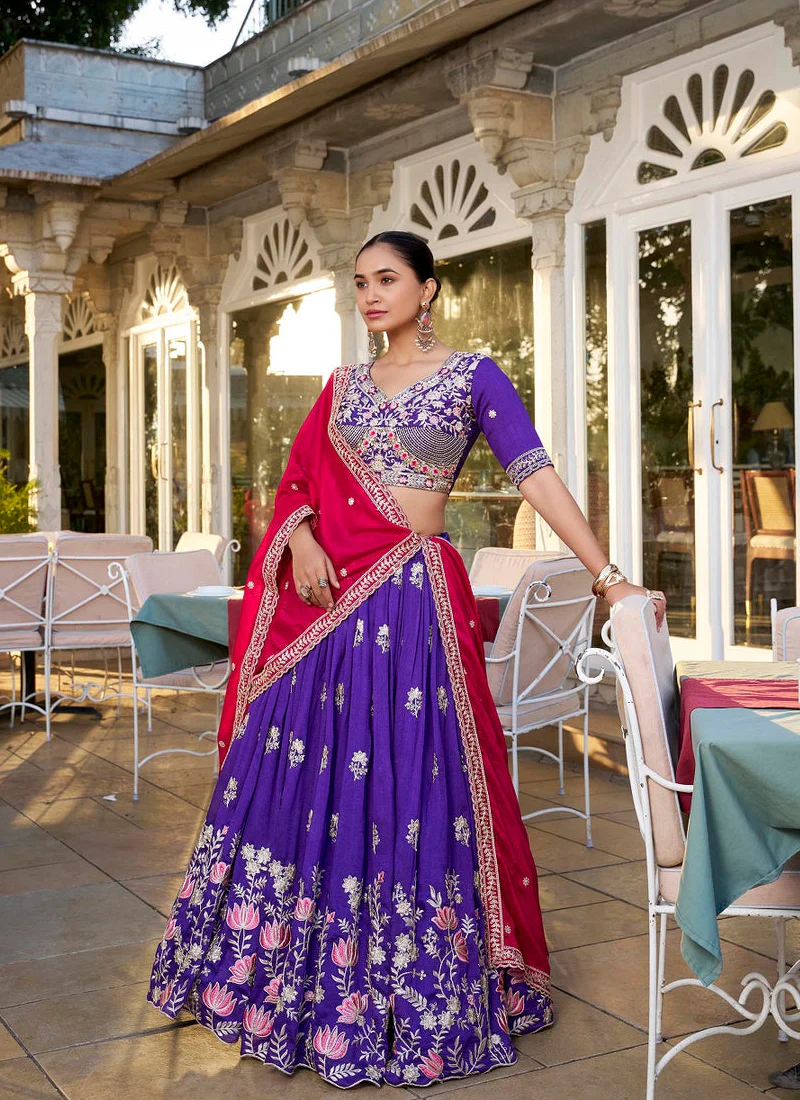 Astonishing Purple Vichitra Silk Thread Embroidered Lehenga Choli - Image 4