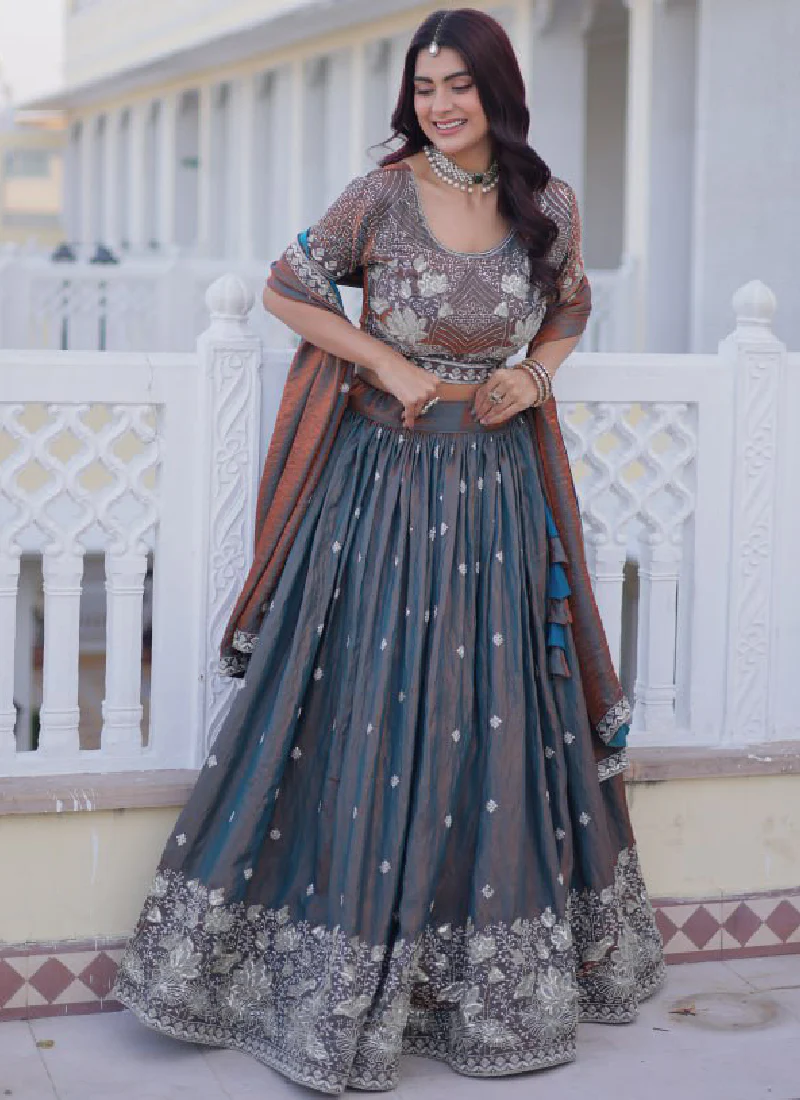 Astonishing Sequence Zari Work Two Tone Silk Party Wear Lehenga Choli - Image 2