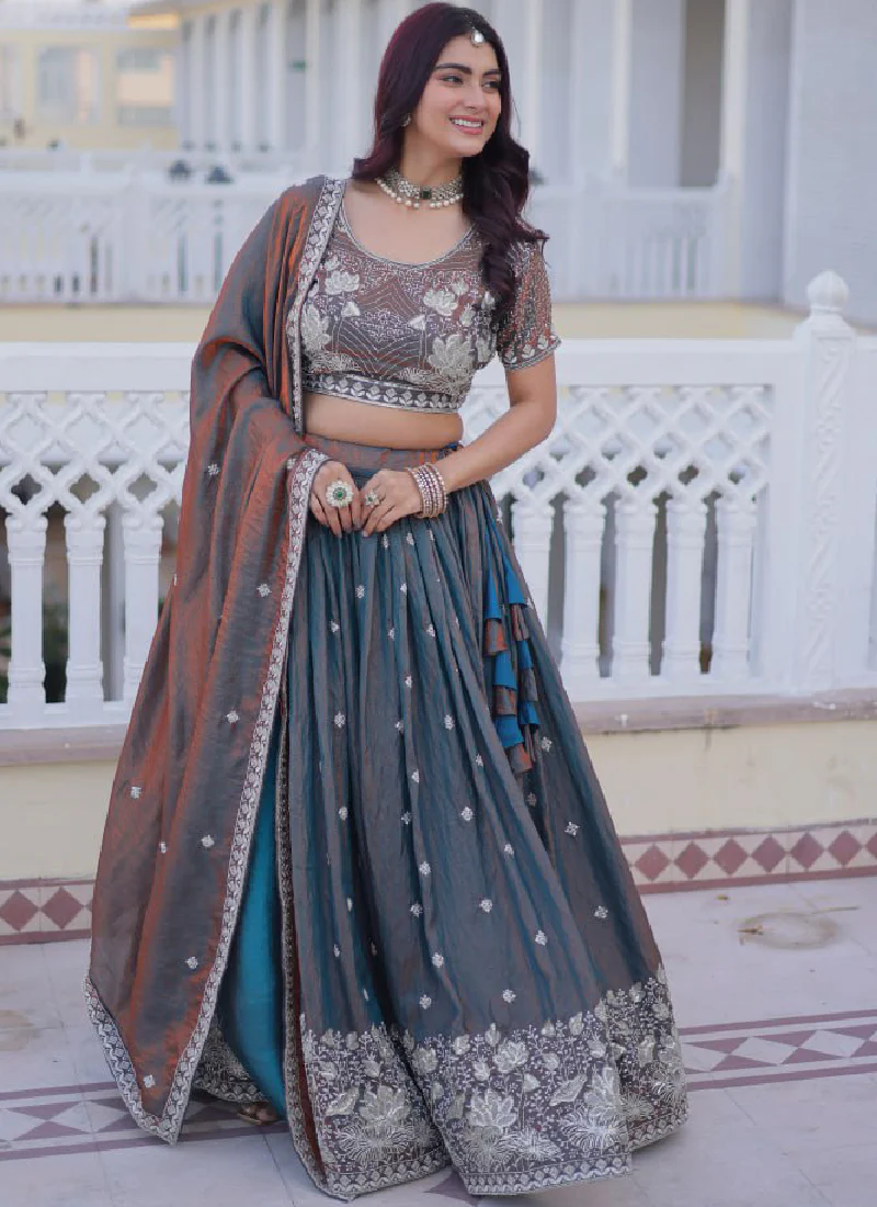 Astonishing Sequence Zari Work Two Tone Silk Party Wear Lehenga Choli - Image 3