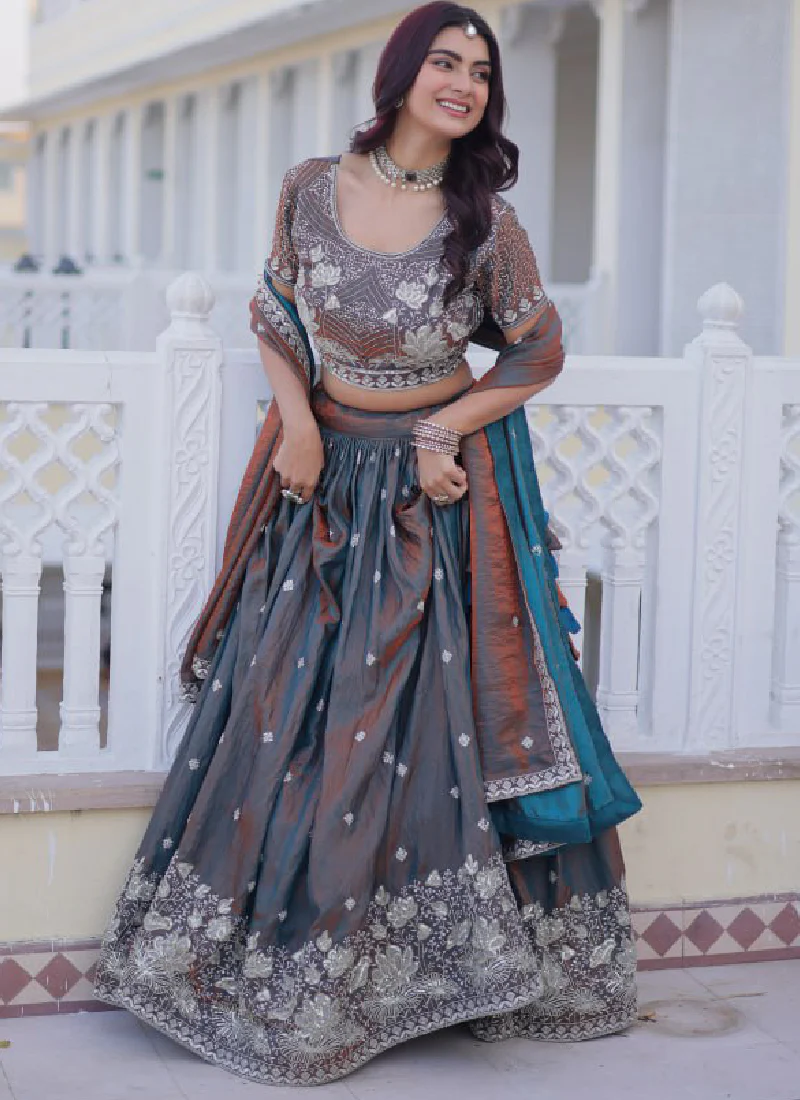 Astonishing Sequence Zari Work Two Tone Silk Party Wear Lehenga Choli - Image 4