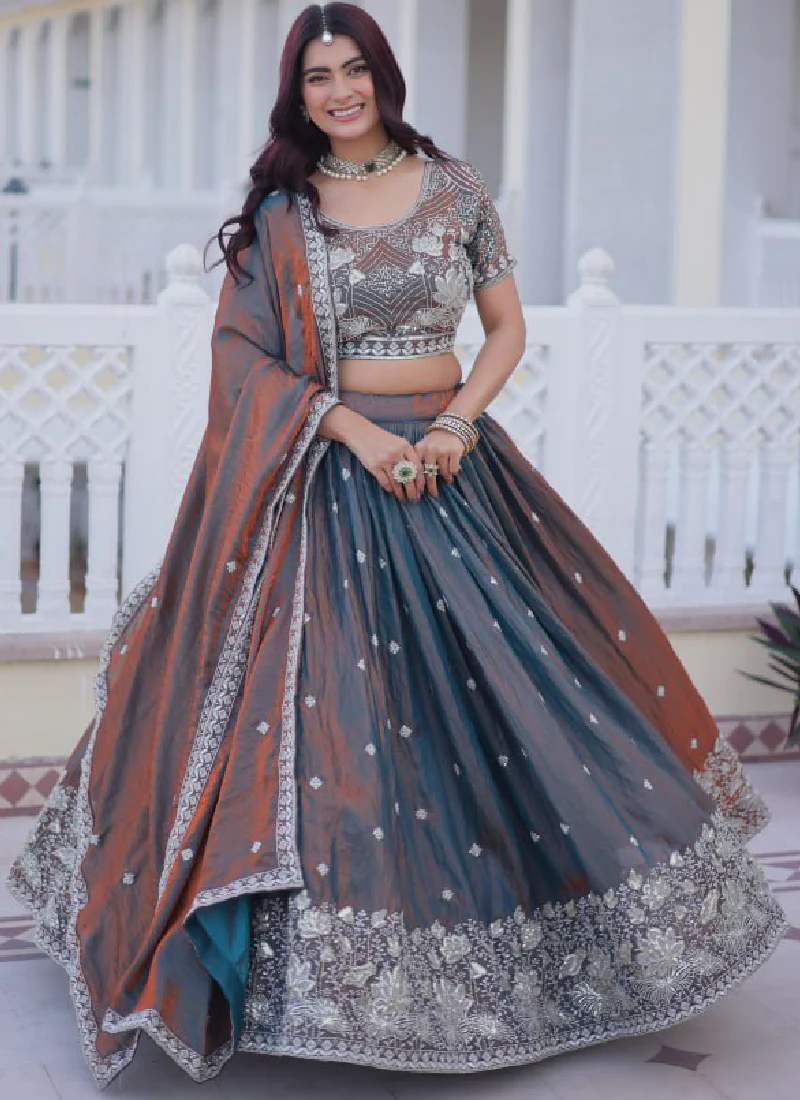 Astonishing Sequence Zari Work Two Tone Silk Party Wear Lehenga Choli - Image 5