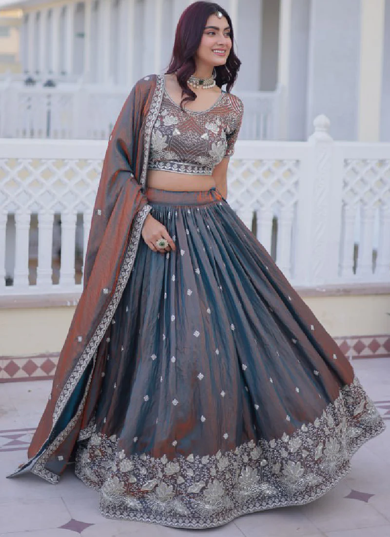Astonishing Sequence Zari Work Two Tone Silk Party Wear Lehenga Choli - Image 6