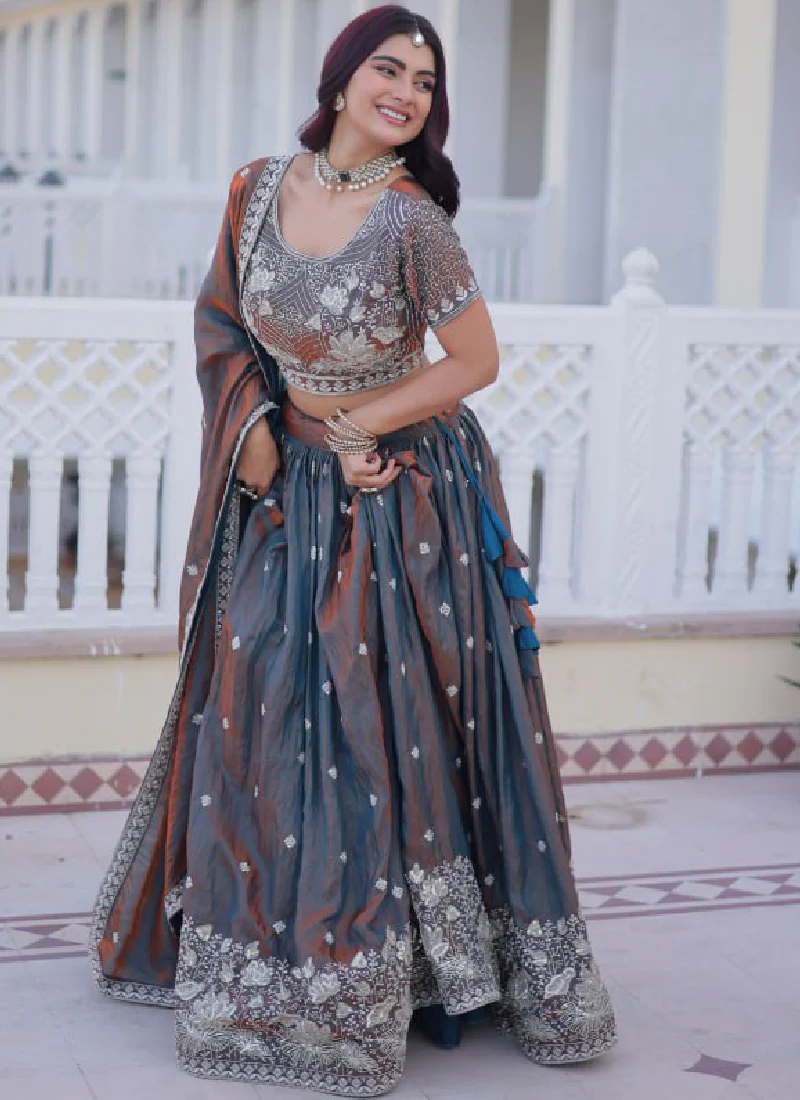 Astonishing Sequence Zari Work Two Tone Silk Party Wear Lehenga Choli - Image 7