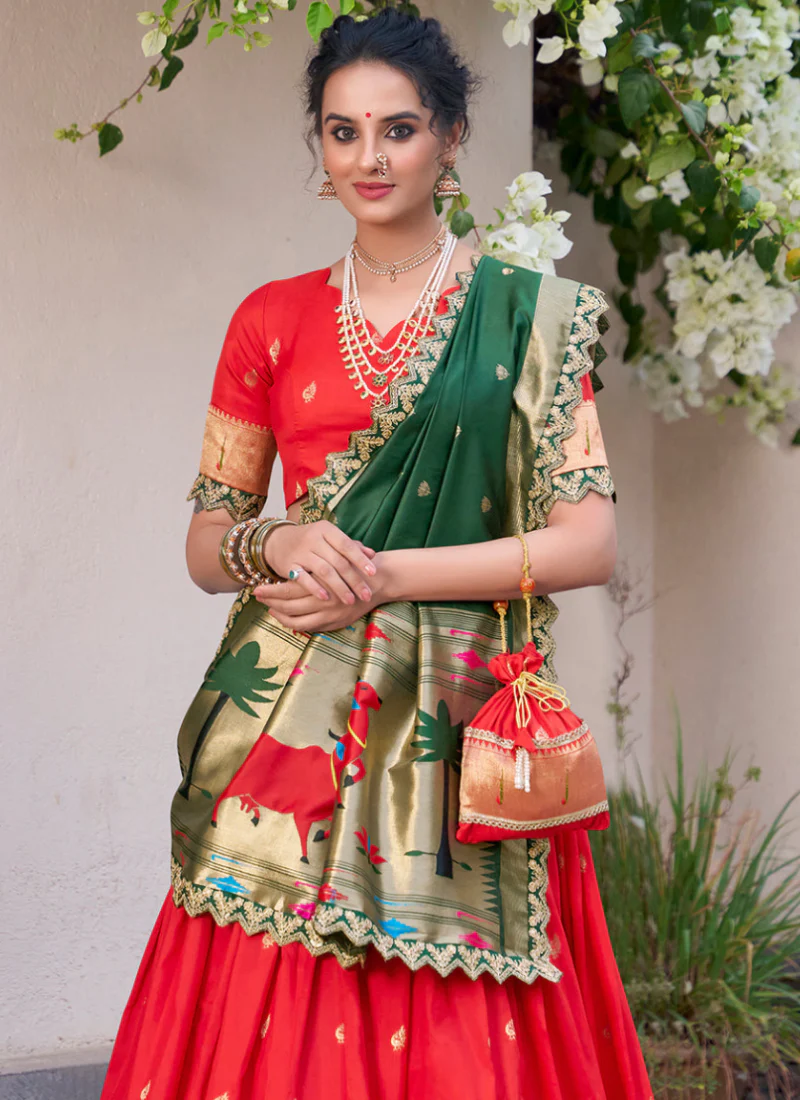 Astonishing Zari Weaving Work Jacquard Silk Red Paithani Lehenga Choli - Image 2