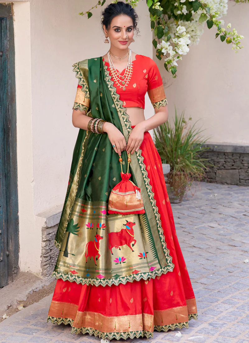Astonishing Zari Weaving Work Jacquard Silk Red Paithani Lehenga Choli - Image 4