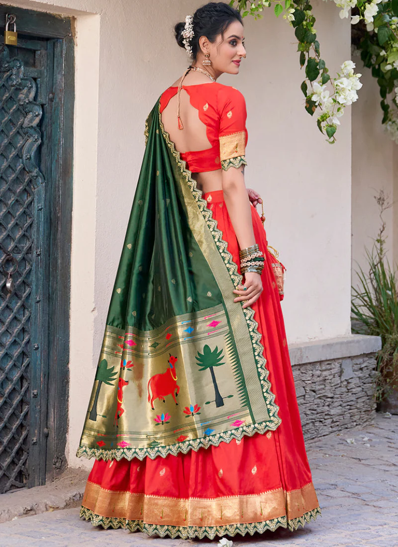 Astonishing Zari Weaving Work Jacquard Silk Red Paithani Lehenga Choli - Image 5
