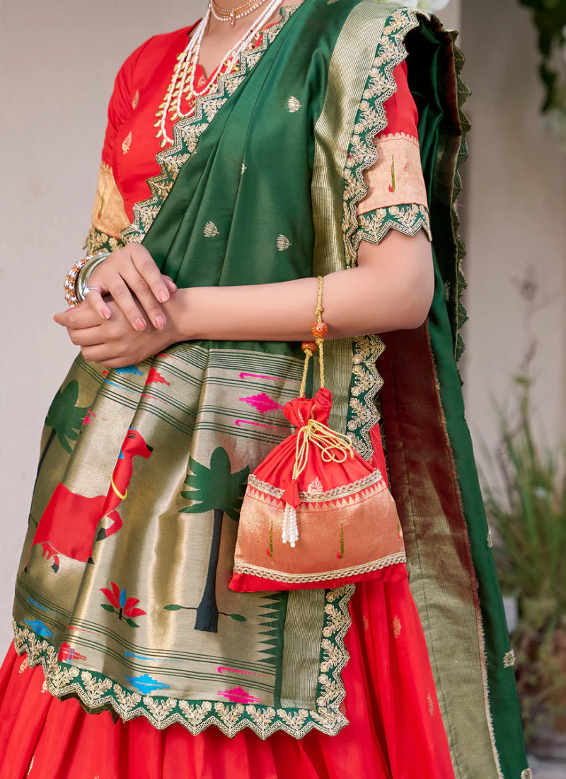 Astonishing Zari Weaving Work Jacquard Silk Red Paithani Lehenga Choli - Image 6