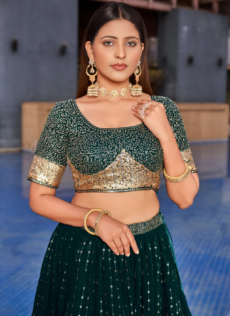 Attractive Embroidered Georgette Bottle Green Wedding Wear Lehenga - Image 2