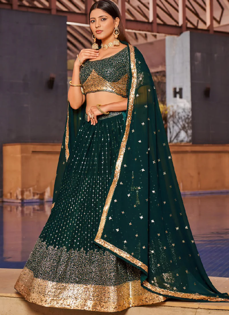 Attractive Embroidered Georgette Bottle Green Wedding Wear Lehenga - Image 4