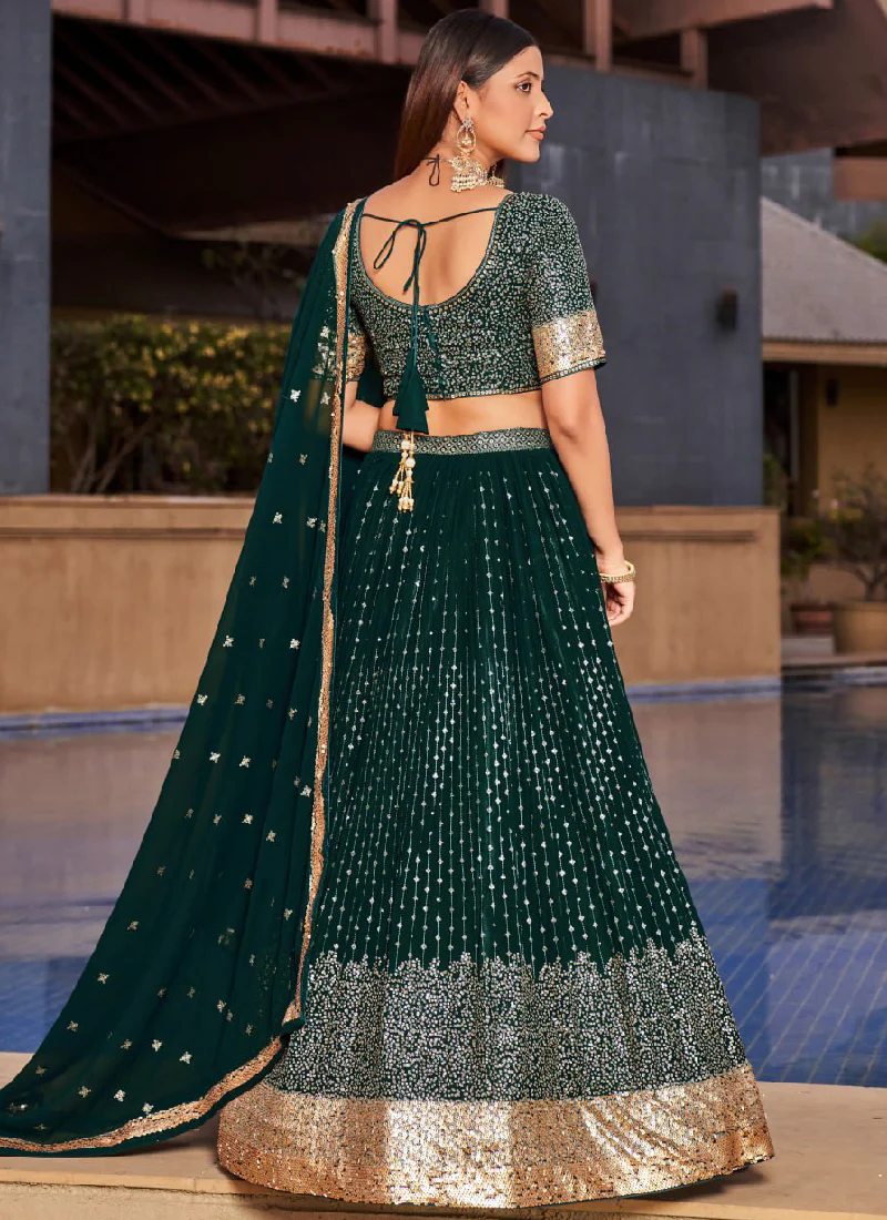 Attractive Embroidered Georgette Bottle Green Wedding Wear Lehenga - Image 5