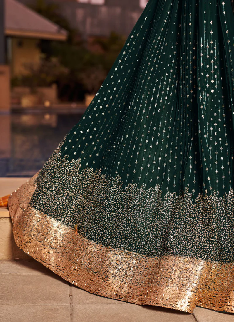 Attractive Embroidered Georgette Bottle Green Wedding Wear Lehenga - Image 6