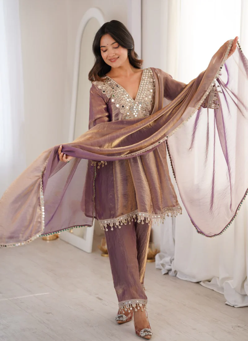 Attractive Fendi Silk Real Mirror Work Purple Party Wear Pant Suit Set - Image 3