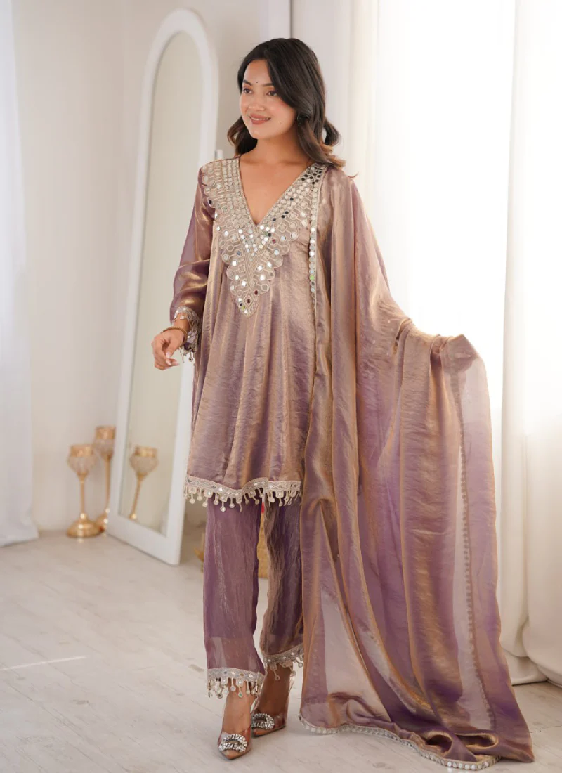 Attractive Fendi Silk Real Mirror Work Purple Party Wear Pant Suit Set - Image 5